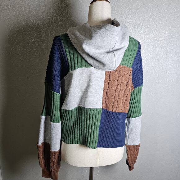 New Fitz+Eddi Color Block Mix Media Crop Sweater with Hood Green Brown Blue Gray - Picture 3 of 9